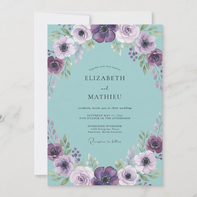 Invitación Boda de Anémona Lila Aqua (Anverso)