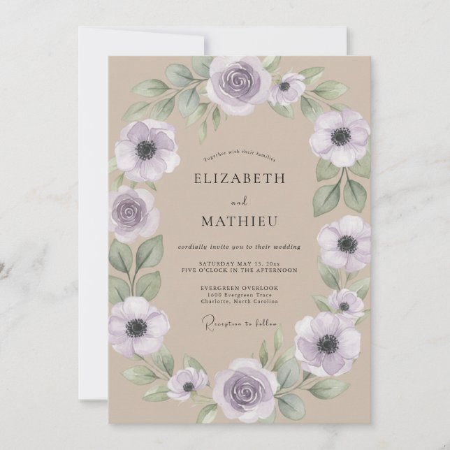 Invitación Boda de Anémona Lila Beige (Anverso)
