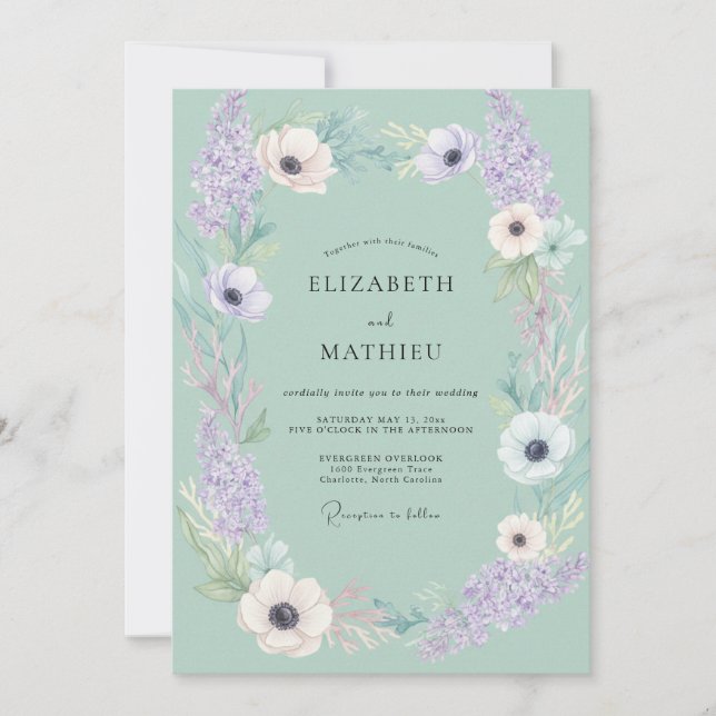 Invitación Boda de Anémona Lila Espuma de Mar (Anverso)