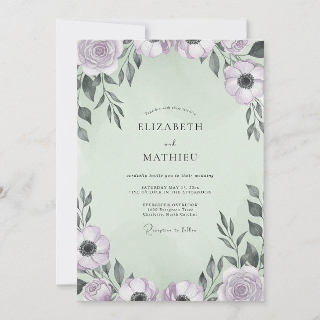 Invitación Boda de Anémona Lila Espuma de Mar (Anverso)