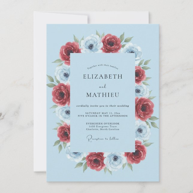Invitación Boda de Anémona Lujuriosa Azul Claro (Anverso)