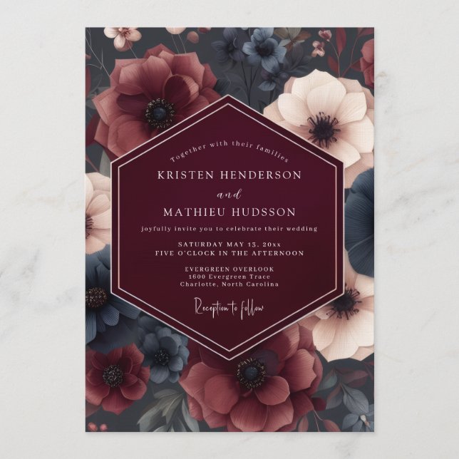 Invitación Boda de Anémona Malva Burgundy (Anverso)