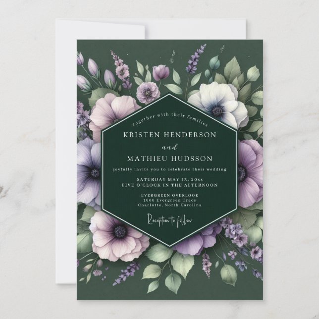 Invitación Boda de Anémona Malva Esmeralda (Anverso)