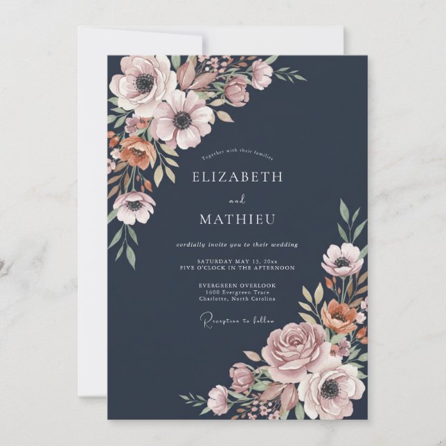 Invitación Boda de Anémona Malva Medianoche (Anverso)