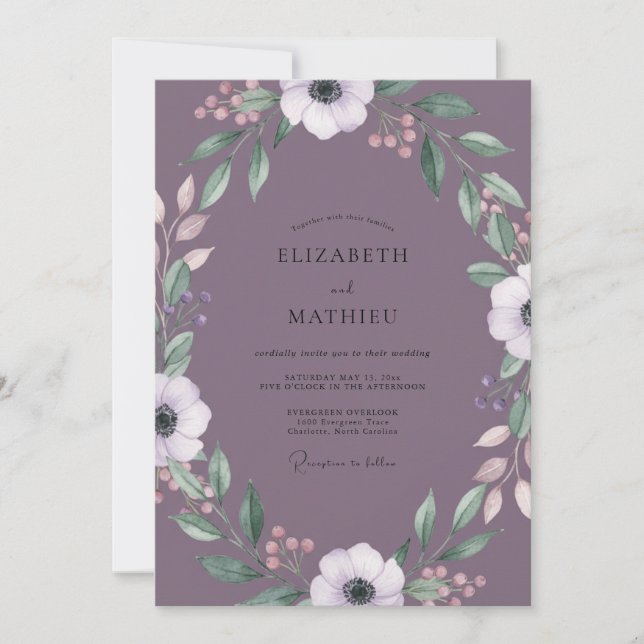 Invitación Boda de Anémona Malva Polvorienta (Anverso)