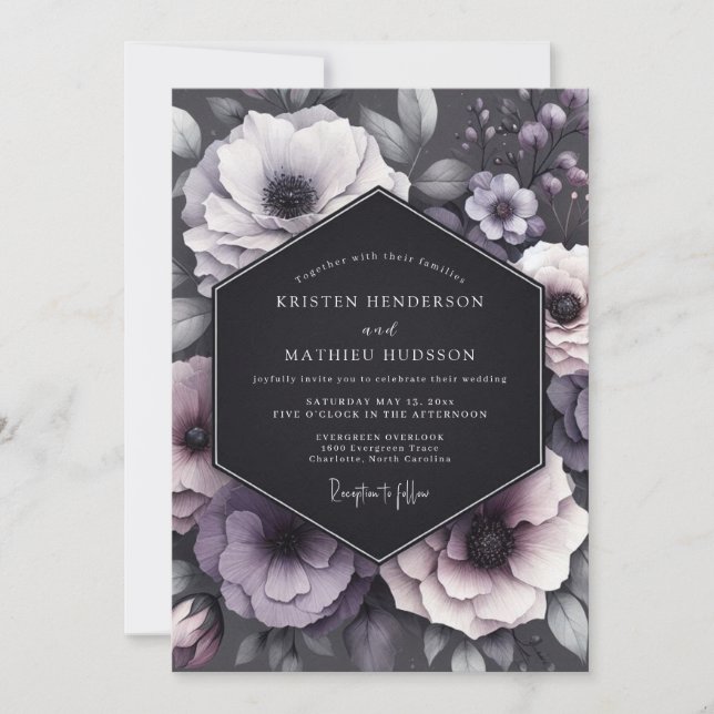 Invitación Boda de Anémona Melancolía Carbón (Anverso)