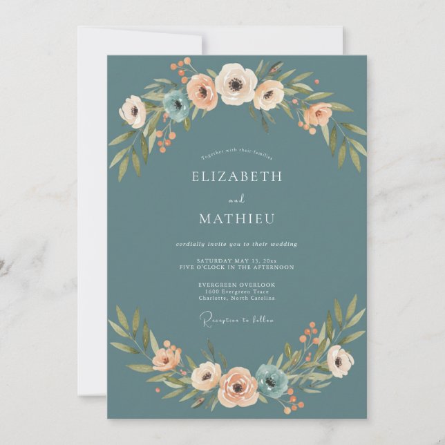 Invitación Boda de Anémona Melocotón Pizarra (Anverso)