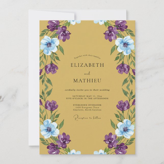 Invitación Boda de Anémona Morada Dorada (Anverso)