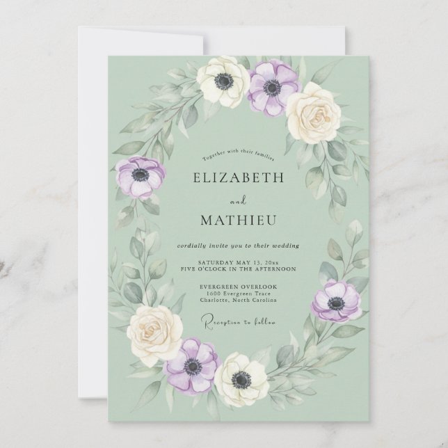 Invitación Boda de Anémona Morada Menta (Anverso)