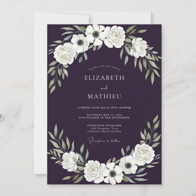 Invitación Boda de Anémona Morada Profunda (Anverso)