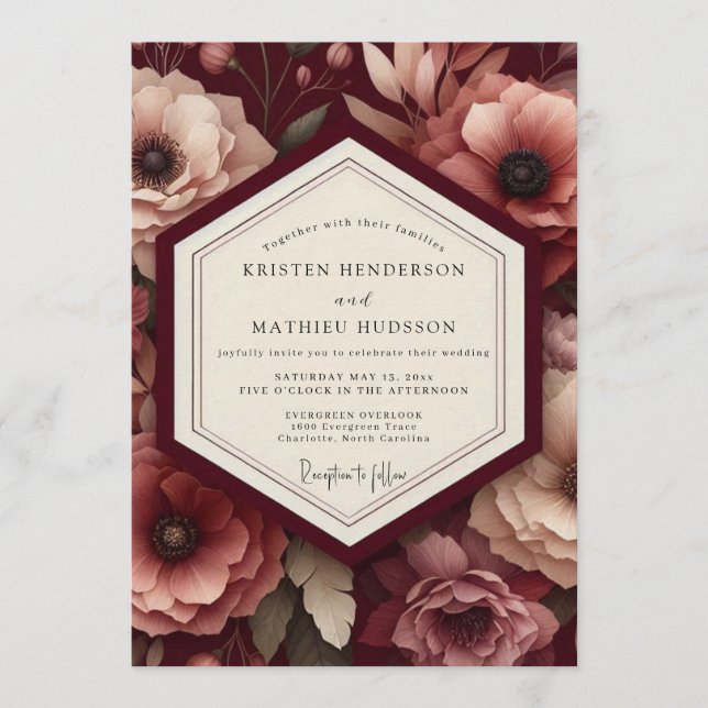 Invitación Boda de Anémona Opulenta Claret (Anverso)