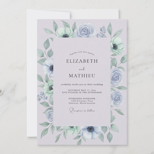 Invitación Boda de Anémona Periwinkle Polvorienta (Anverso)