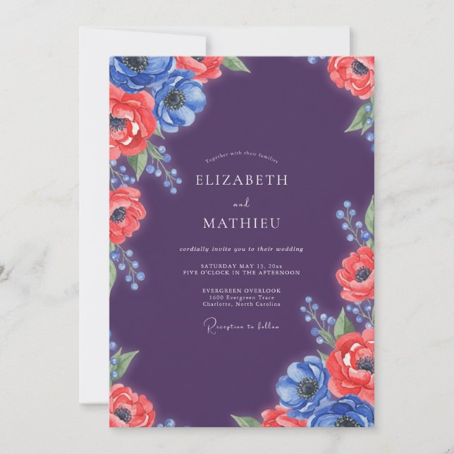 Invitación Boda de Anémona Roja Ciruela (Anverso)