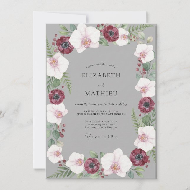 Invitación Boda de Anémona Roja Profunda Gris (Anverso)