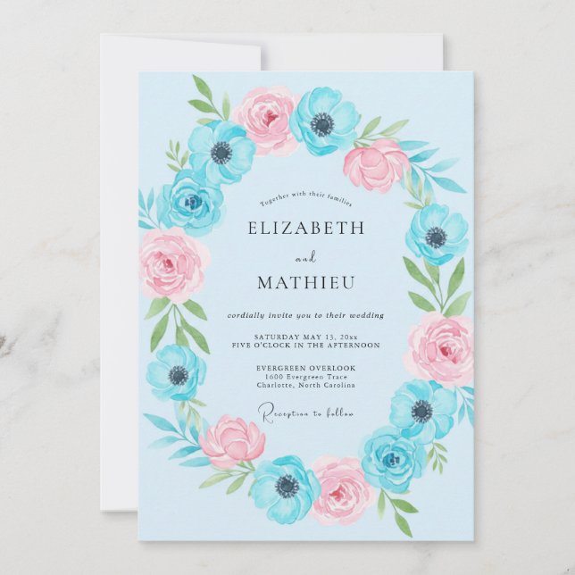 Invitación Boda de Anémona Rosa Acuática (Anverso)