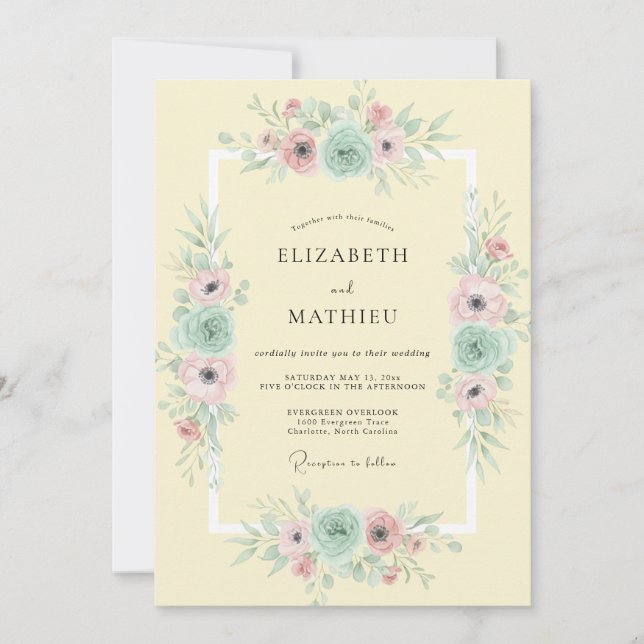 Invitación Boda de Anémona Rosa Amarillo Pálido (Anverso)