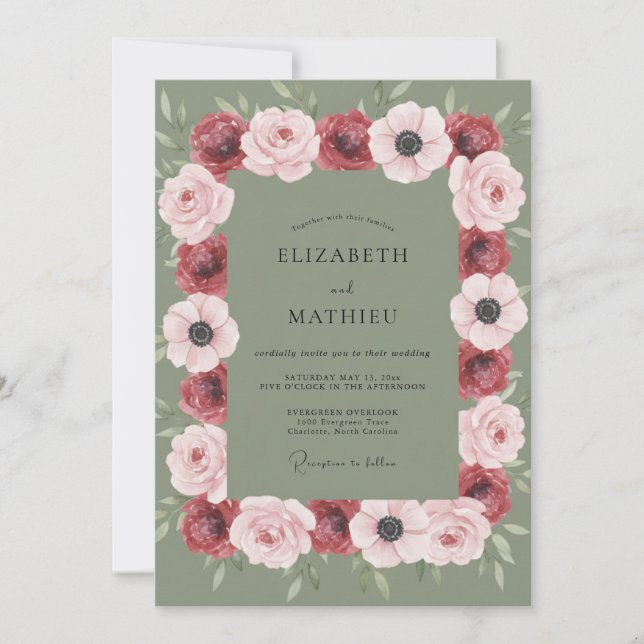Invitación Boda de Anémona Rosa Borgoña (Anverso)