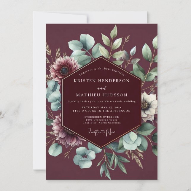 Invitación Boda de Anémona Salvia Borgoña (Anverso)