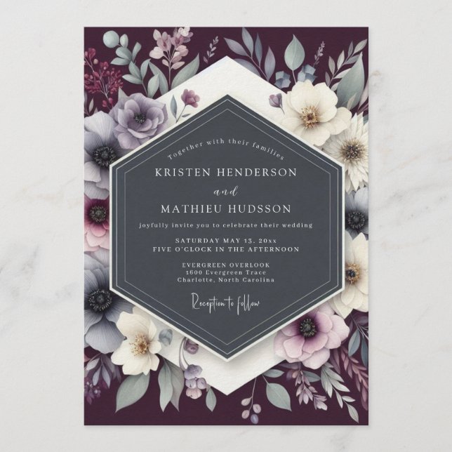 Invitación Boda de Anémona Sombría Ciruela (Anverso)