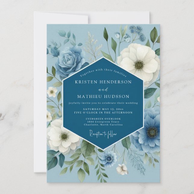 Invitación Boda de Anémona Soñadora Azul Pizarra (Anverso)