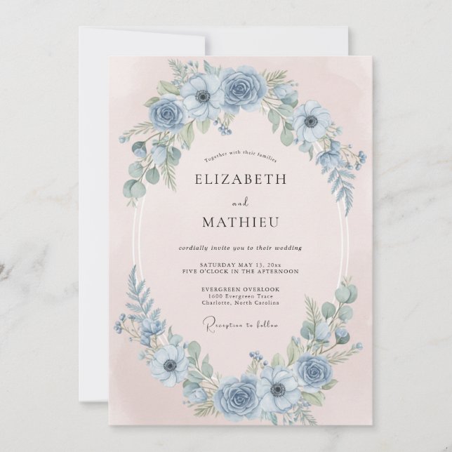 Invitación Boda de Anémona Soñadora de Azul Acero (Anverso)
