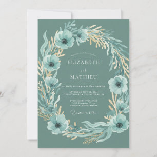 Invitación Boda de Anémona Verde Azulada con Hojas