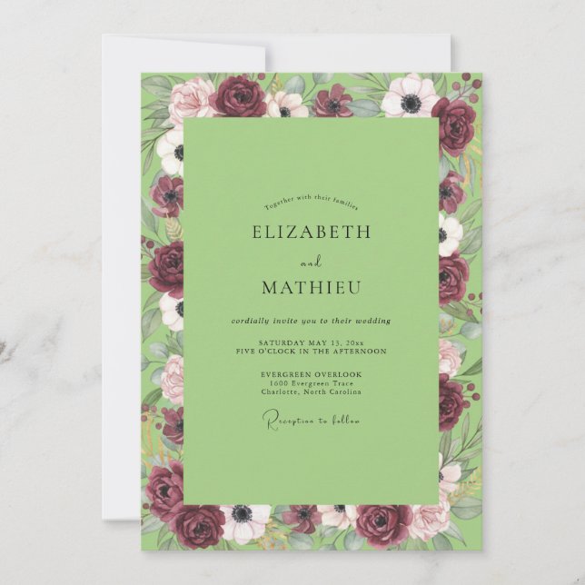 Invitación Boda de Anémona Verde Chartreuse y Granate (Anverso)