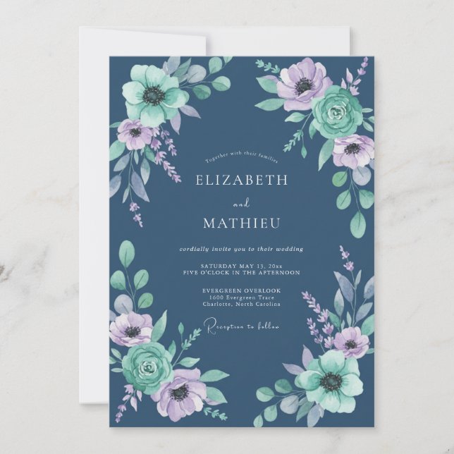 Invitación Boda de Anémona Verde Menta Índigo (Anverso)