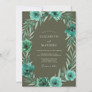 Invitación Boda de Anémona Verde Oliva y Turquesa