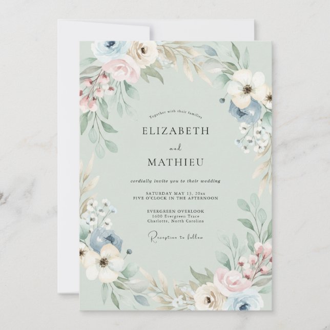 Invitación Boda de Anémona Verde Salvia Silenciada (Anverso)
