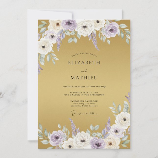 Invitación Boda de Anémona Violeta Dorada (Anverso)