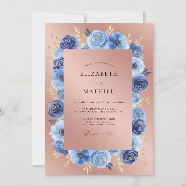 Invitación Boda de Anémona Zafiro Rosa Dorado (Anverso)