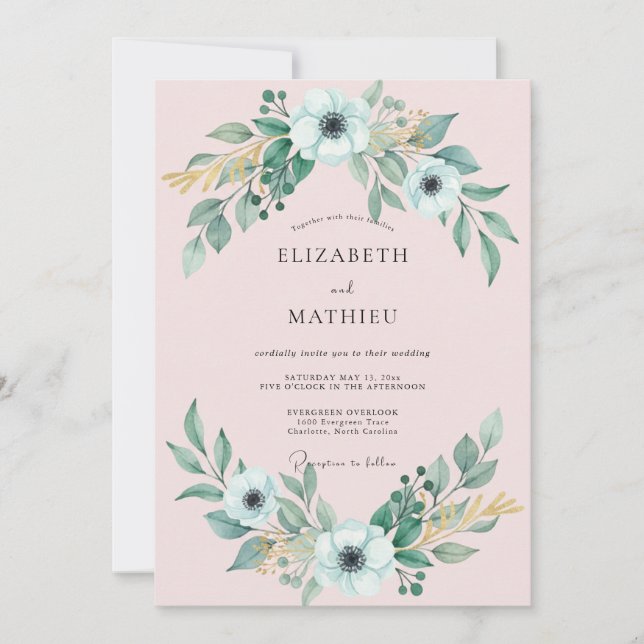 Invitación Boda de Anémonas Blancas con Follaje (Anverso)