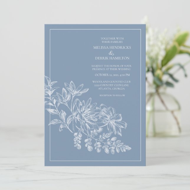 Invitación Boda de ángulo de giro azul de dibujo de línea (Anverso de pie)