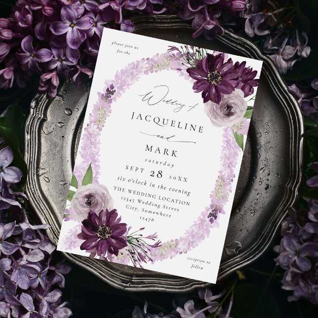 Invitación Boda de anillo floral morado y de lavanda V2 (Subido por el creador)
