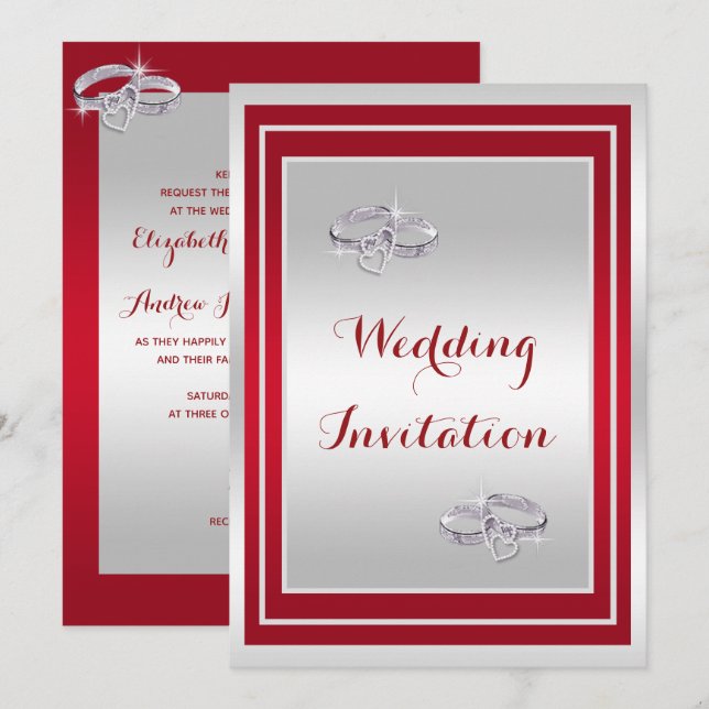Invitación Boda de Anillos Bodas de Diamantes Plata y Rojo Cl (Anverso / Reverso)