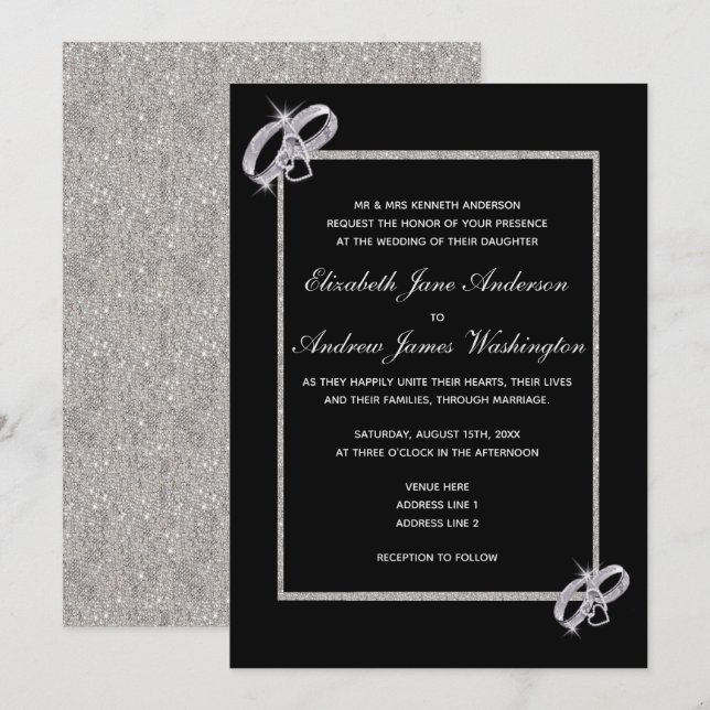 Invitación Boda de Anillos Bodas Plateados Diamond Plata (Anverso / Reverso)