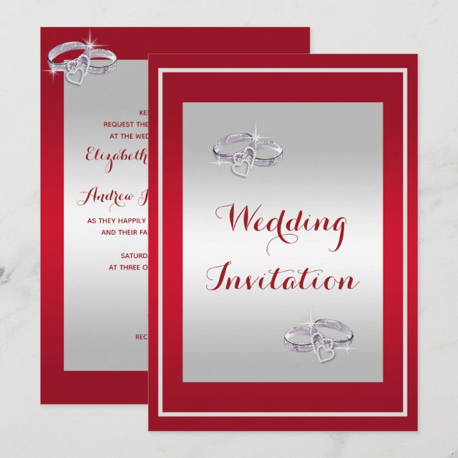 Invitación Boda de anillos de Bodas de diamantes y rojos de r (Anverso / Reverso)