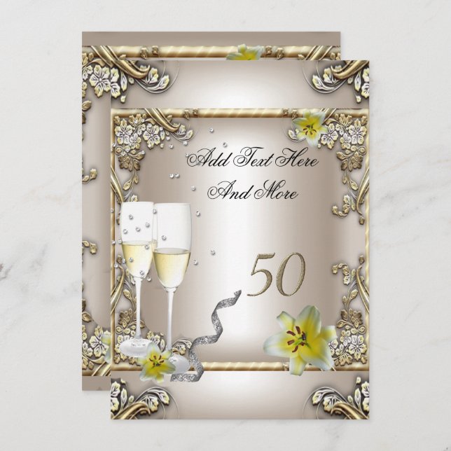 Invitación Boda de aniversario Crema Oro Lirio Plata (Anverso / Reverso)