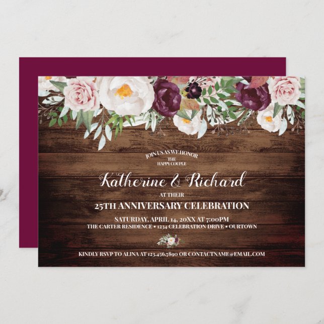 Invitación Boda de aniversario de bodas florales campestres r (Anverso / Reverso)