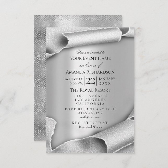 Invitación Boda de aniversario de cumpleaños 3D gris plateado (Anverso / Reverso)