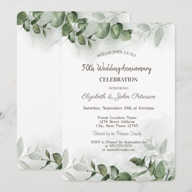 Invitación Boda de aniversario de eucalipto acuarela verde (Anverso / Reverso)