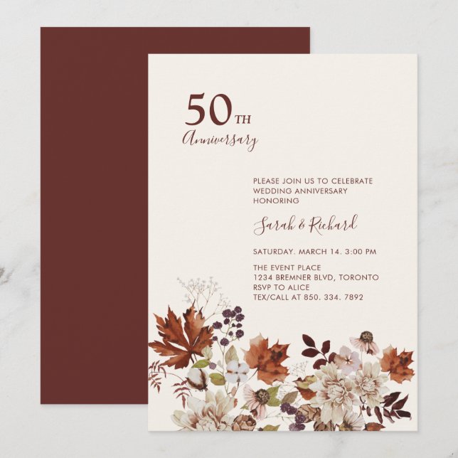 Invitación Boda de aniversario de fiesta floral de otoño rúst (Anverso / Reverso)