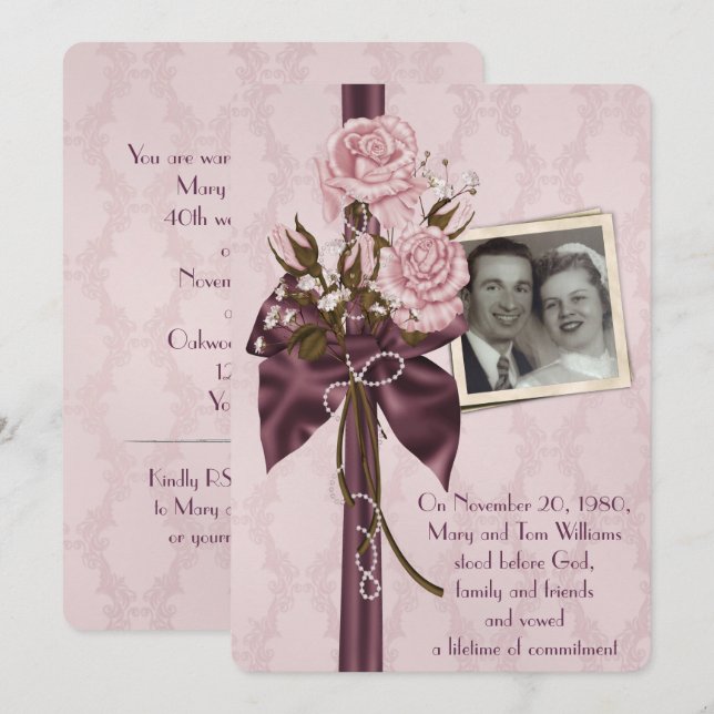 Invitación boda de aniversario fiesta rosas ruidosos y damasc (Anverso / Reverso)