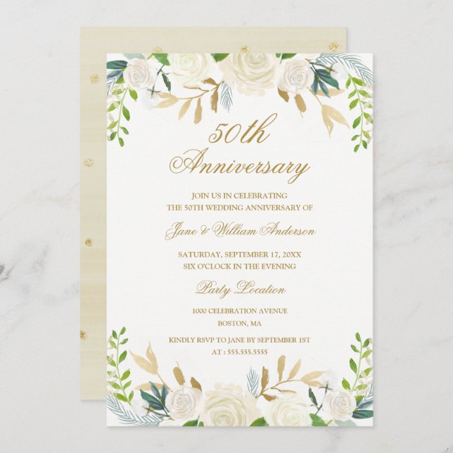 Invitación Boda de aniversario floral elegante en acuarela do (Anverso / Reverso)
