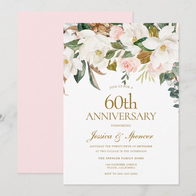 Invitación Boda de aniversario Moderno Flores Blancas Rosadas (Anverso / Reverso)