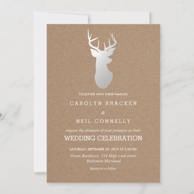 Invitación Boda de Antler plateado de papel Kraft ruso (Anverso)