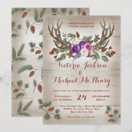 Invitación Boda de Antlers de acuarela rústica y ramas de pin