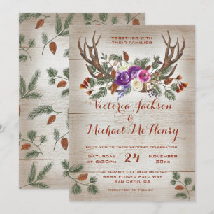 Invitación Boda de Antlers de acuarela rústica y ramas de pin