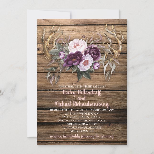 Invitación Boda de Antlers de Barn Wood Purple Plum Peonies (Anverso)